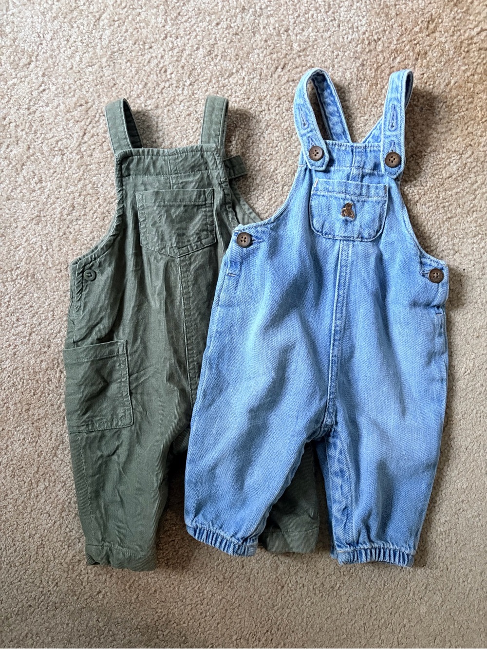 GAP Kids Overalls in Olive Green and Light Blue Denim